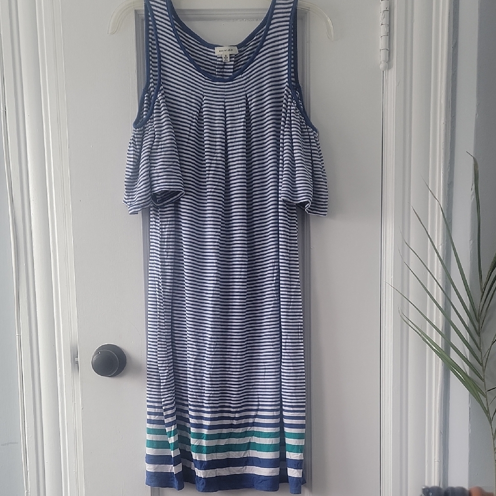 Max Studio Cold Shoulder Casual Navy and Teal Striped Shift Midi Dress Size (M)